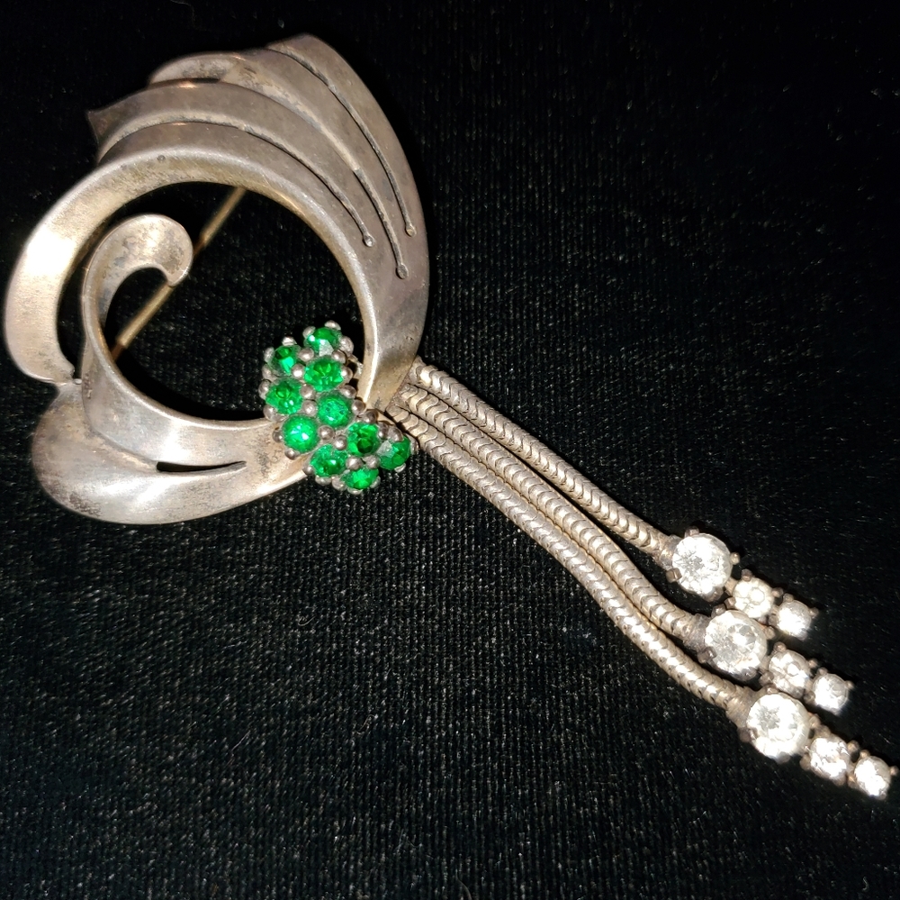 Pennino Sterling Deco Bow and Drop Tendrils Brooch Designer Signed Movement 1940